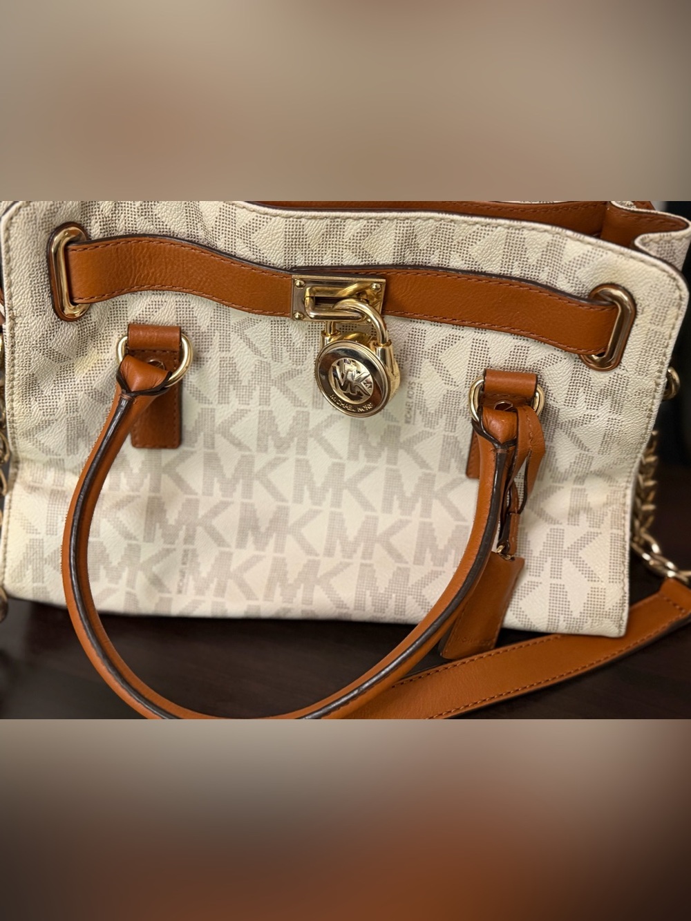 Michael Kors Vanilla Signature Satchel with Caramel Trim